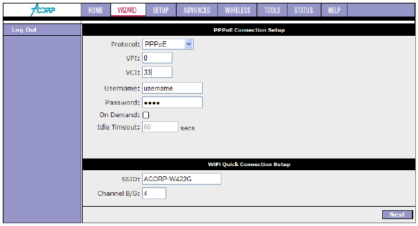 Acorp Sprinter W422G выбор протокола, VPI VCI, ввод логина и пароля